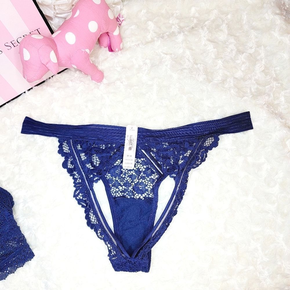 NWT 2 PC VICTORIA SECRET BRALETTE CHEEKINI NAVY BLUE LACE MEDIUM M - Picture 4 of 6